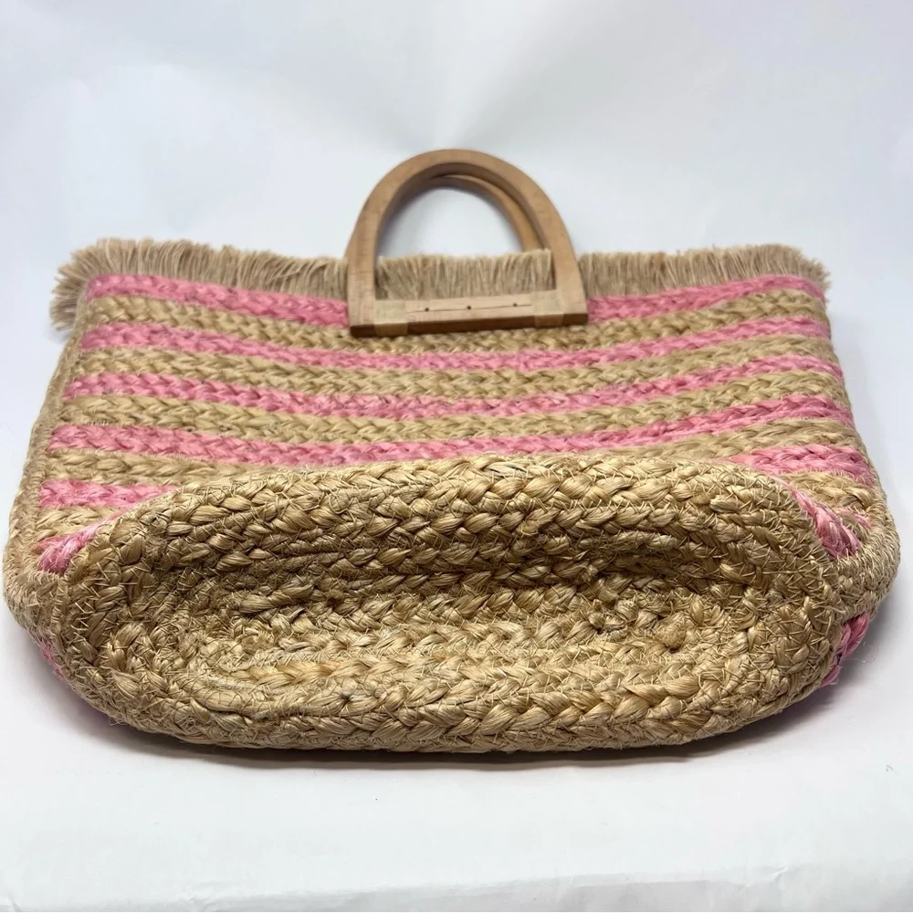 NWT Antik Kraft Natural and Pink Striped Jute Tote with Wooden Handles - Picture 3 of 10